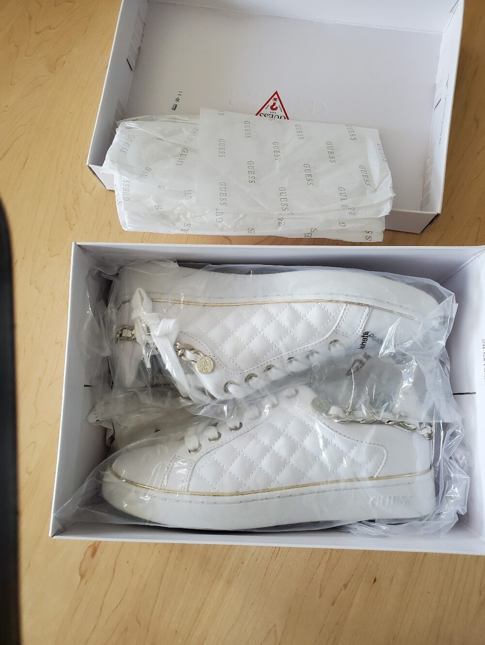 GUESS White Quilted Leather Sneakers with Gold Accessory